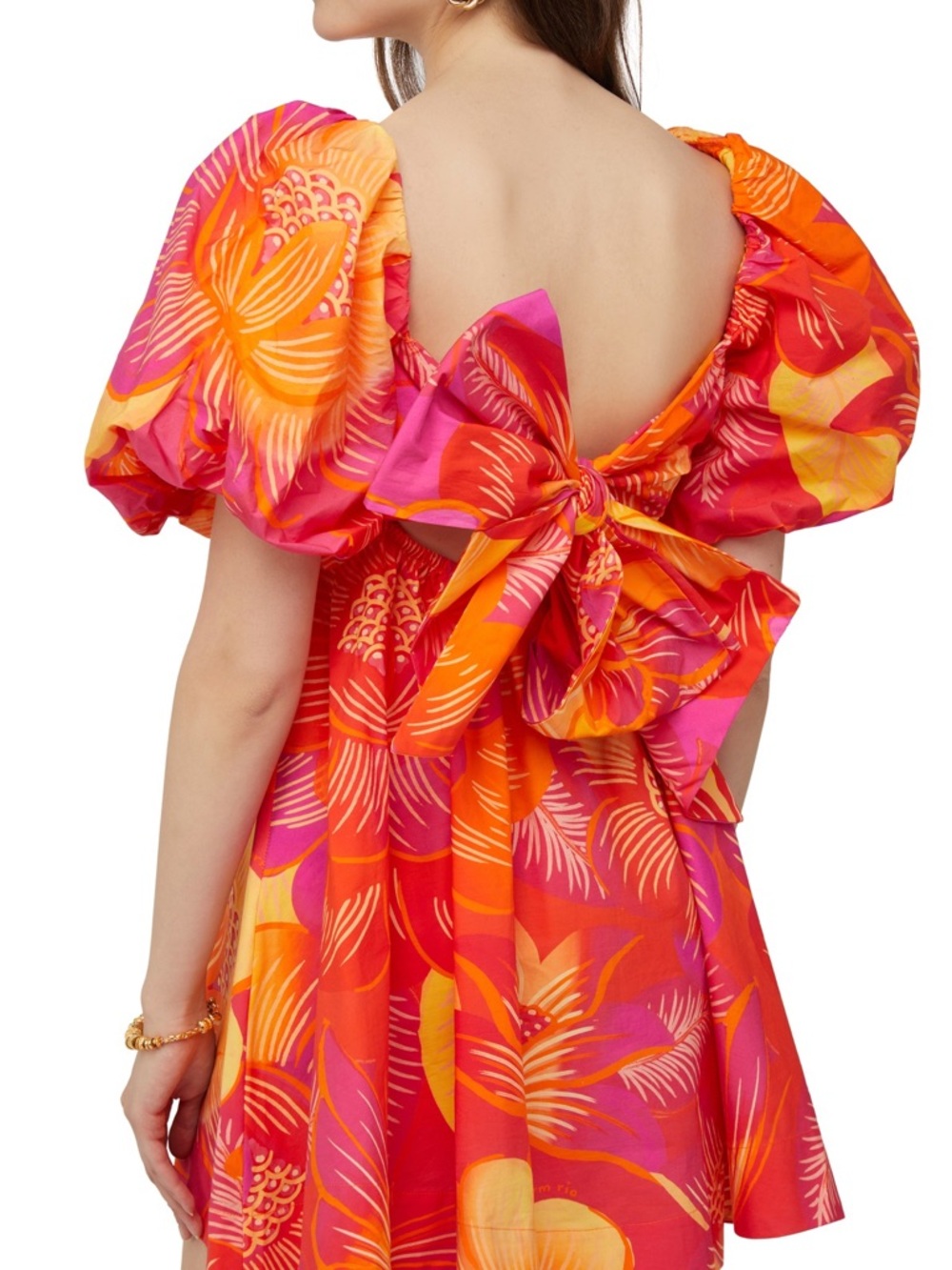 FARM Rio Pink Orange Yellow Floral Mini Dress with Statement Bow